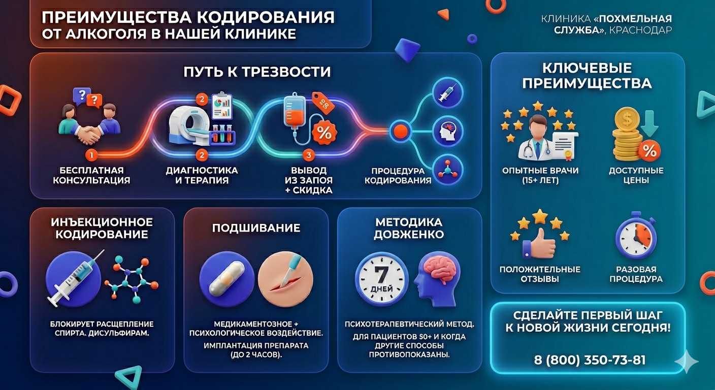 Инфографика о методах кодирования от алкоголя в Камене-на-Оби: инъекции, подшивание, метод Довженко. Преимущества клиники и этапы лечения.