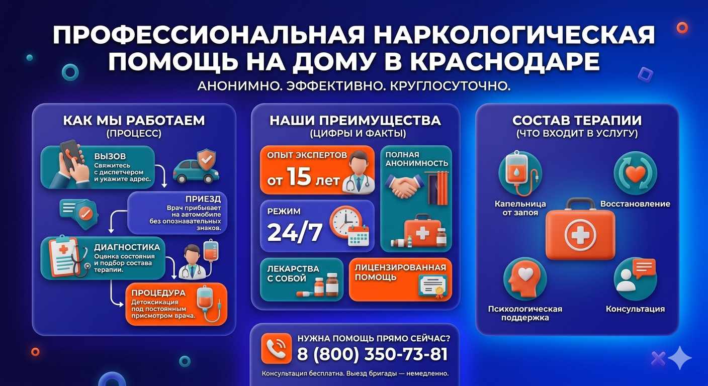 Инфографика о принципах лечения алкоголизма на дому в Камене-на-Оби: этапы вызова нарколога, преимущества анонимной детоксикации и состав медицинской помощи.